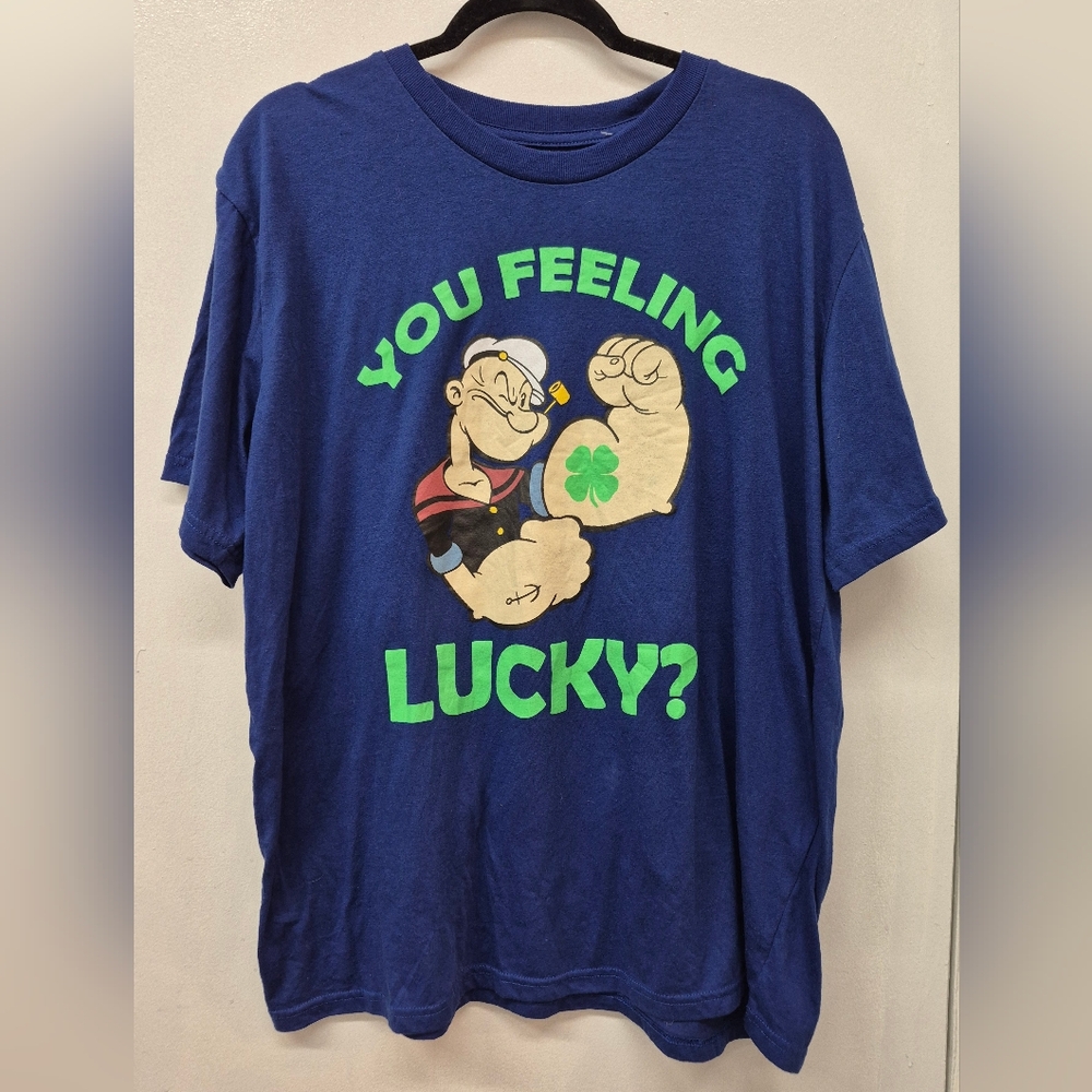 🪻3/$25 Navy Popeye Lucky Graphic Tshirt Men XL four leaf clover st. Patrick's